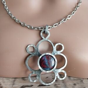 Artisan Silver Necklace with Red and Black Stone